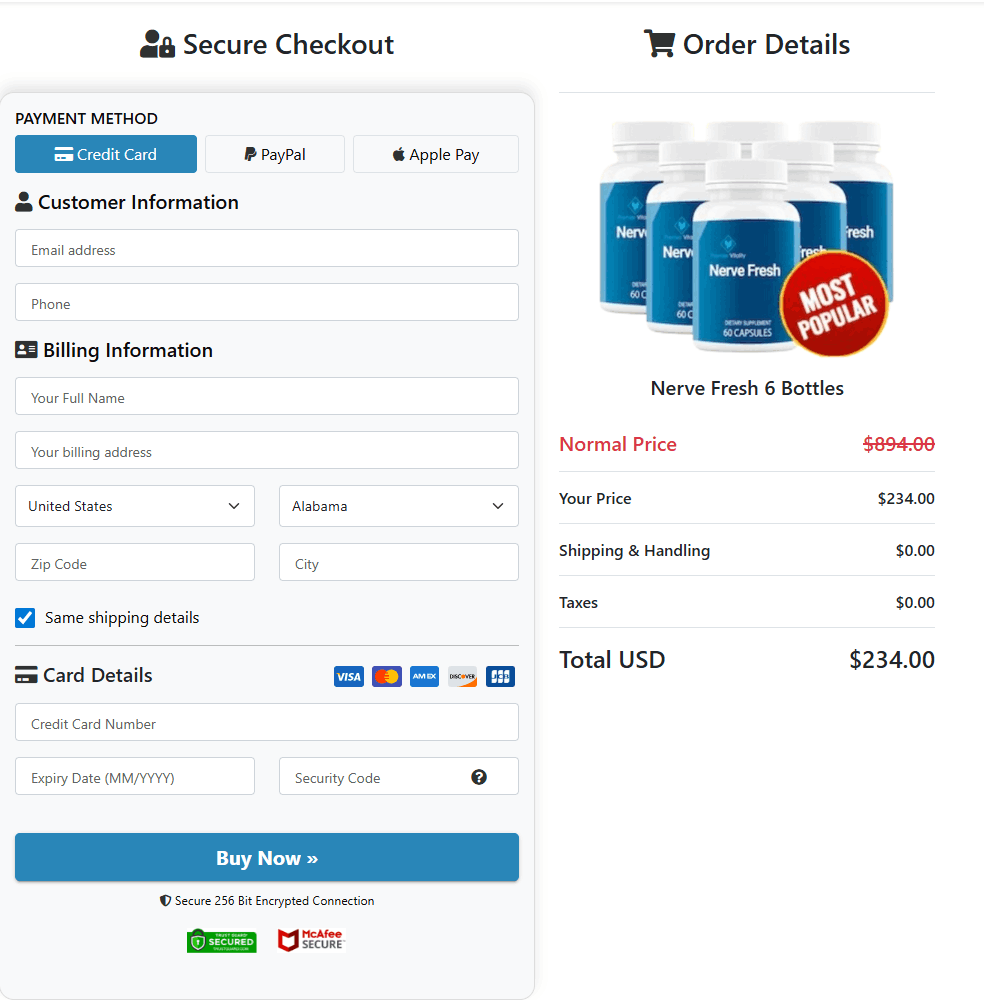 Nerve Fresh Checkout page